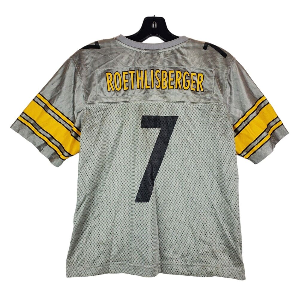 PITTSBURGH STEELERS Jersey BOYS Large Silver REEBOK BEN ROETHLISBERGER #7 NFL